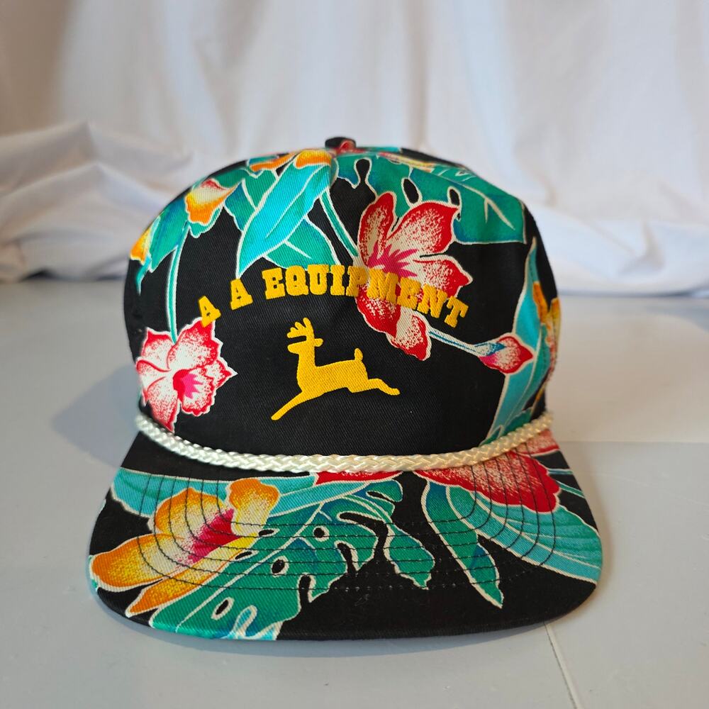Vintage AA Equipment John Deere Style Floral Tropical Rope Hat San Sun Snapback